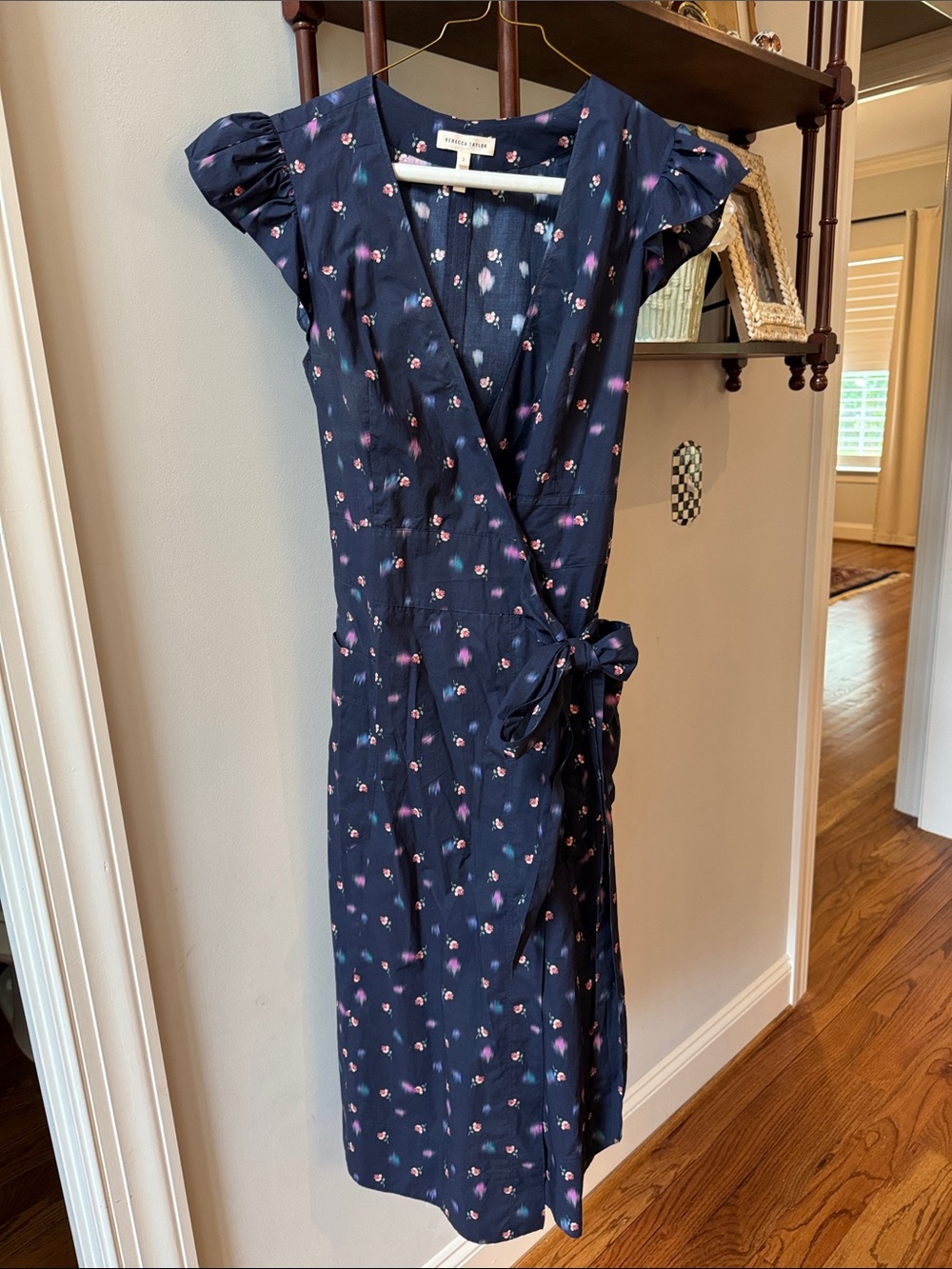 Rebecca Taylor Navy Floral Midi Wrap Dress with Pink Accents
